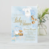 Boy Watercolor Baby Shower Blue Gold Baby Invitation (Standing Front)