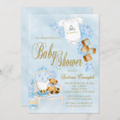 Boy Watercolor Baby Shower Blue Gold Baby Invitation (Front/Back)