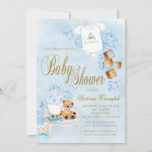 Boy Watercolor Baby Shower Blue Gold Baby Invitation