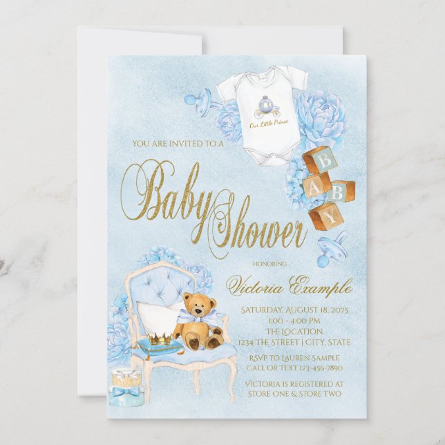 Boy Watercolor Baby Shower Blue Gold Baby Invitation (Front)