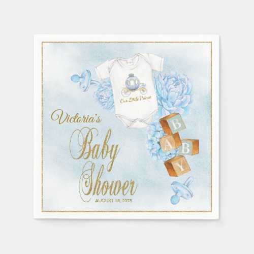 Boy Watercolor Blue Gold Baby Shower Napkins