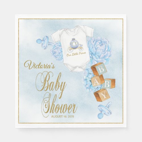 Boy Watercolor Blue Gold Baby Shower Napkins