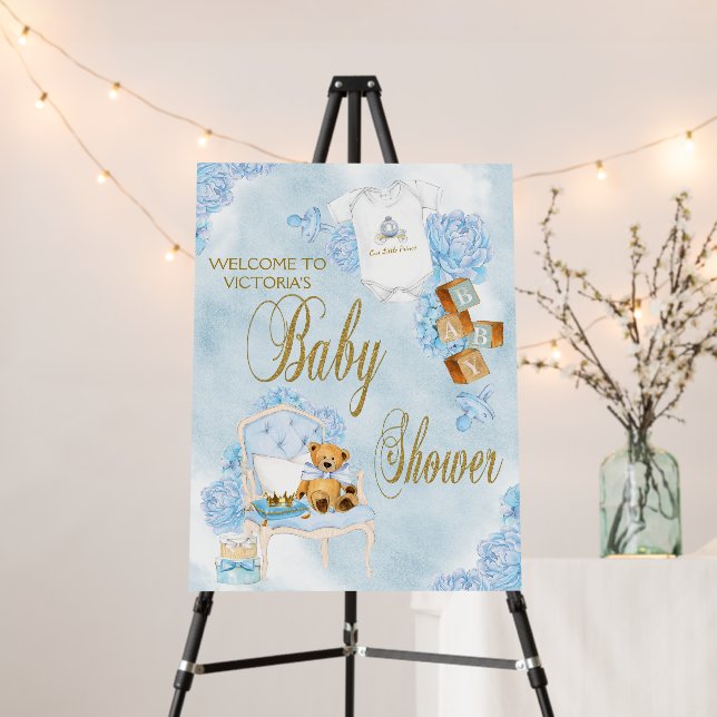 Boy Watercolor Blue Gold Baby Shower Sign (In Situ (Stand))