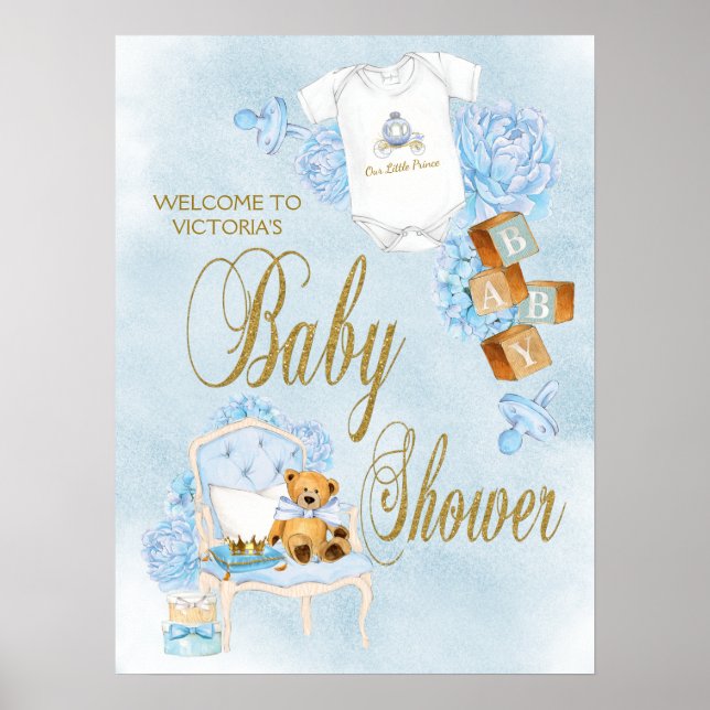 Boy Watercolor Blue Gold Baby Shower Sign (Front)