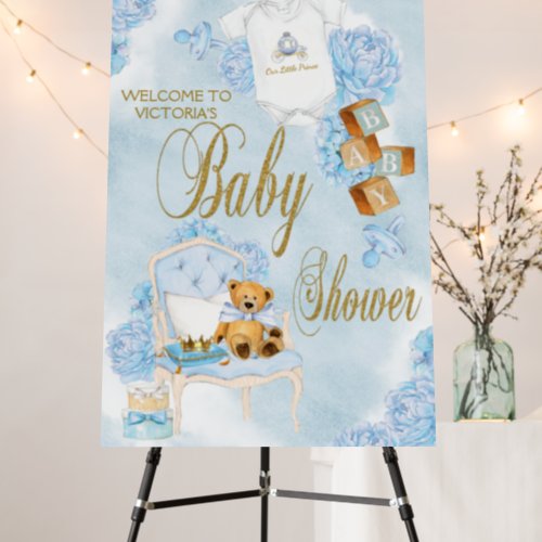 Boy Watercolor Blue Gold Baby Shower Sign