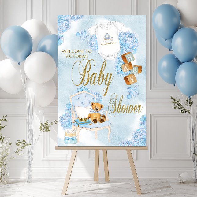 Boy Watercolor Blue Gold Baby Shower Sign (Boy baby blue and gold baby shower welcome sign with cute baby boy things. Simply add your details.)