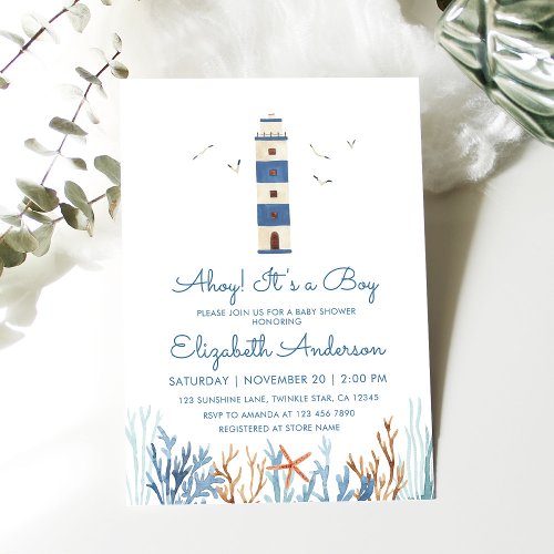 Boy Watercolor Lighthouse Baby Shower 