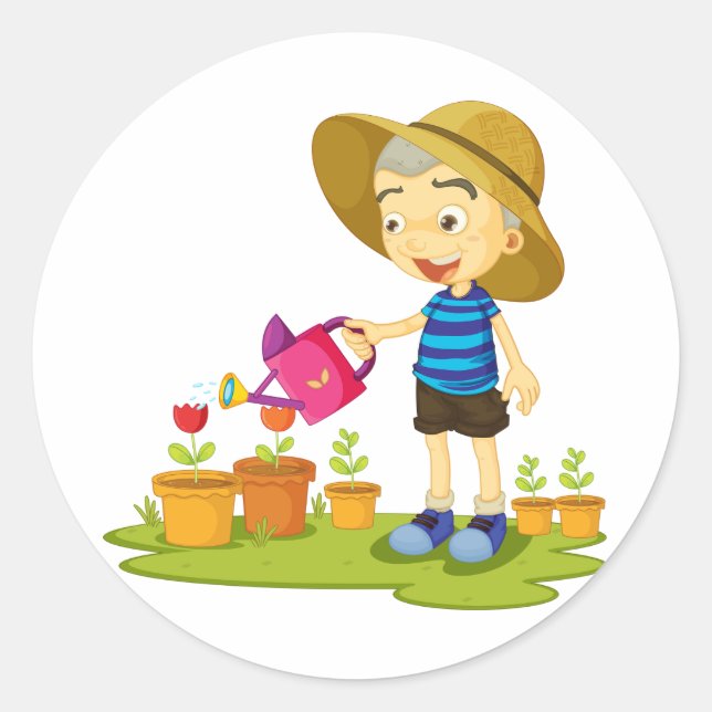 Boy Watering Plants Gardening Classic Round Sticker (Front)