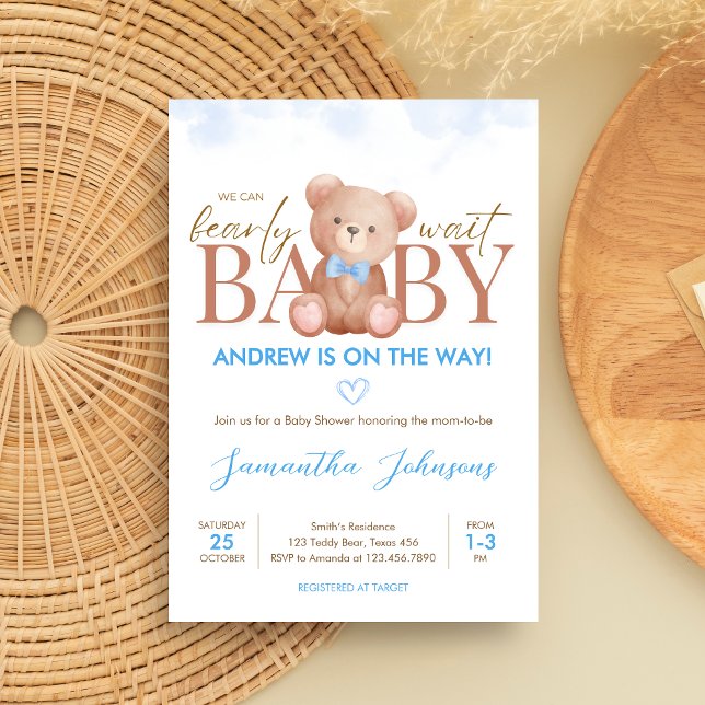 Boy We Can Bearly Wait Baby Shower Invitation (Blue We Can Bearly Wait Bear Baby Shower Invitation)