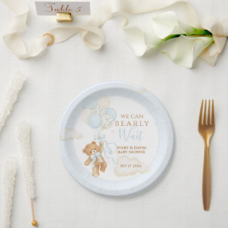 Boy We Can Bearly Wait Blue Baby Shower Paper Plates