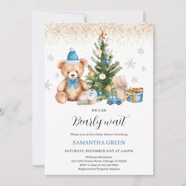Boy We Can Bearly Wait Christmas Baby Shower Invitation (Front)