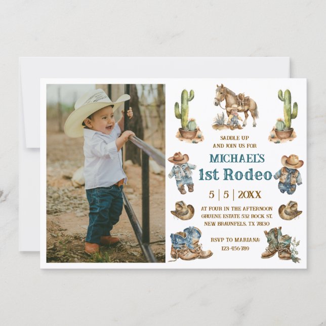 Boy Western Cowboy Photo First Rodeo 1st Birthday Invitation (Front)