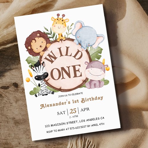  Boy Wild ONE 1st Birthday Cute Safari Animals Invitation