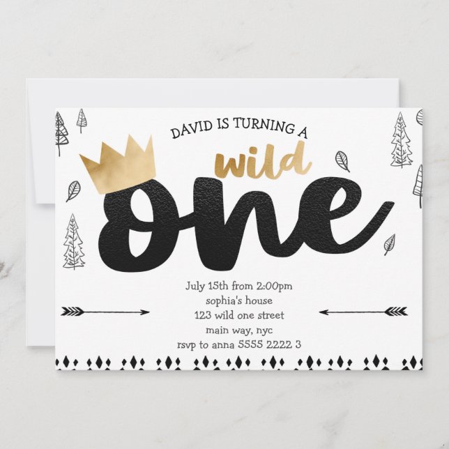 Boy WILD ONE Gold Crown King Ethnic First Birthday Invitation (Front)