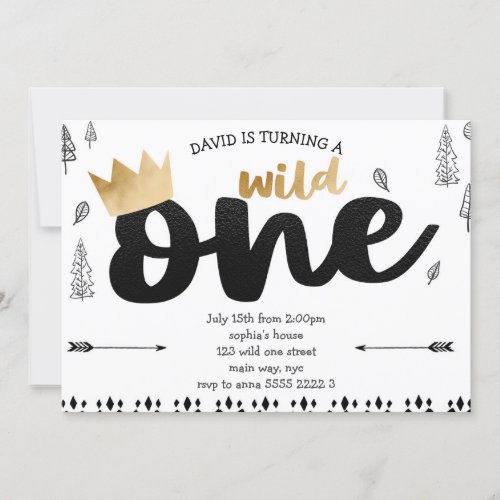 Boy WILD ONE Gold Crown King Ethnic First Birthday Invitation