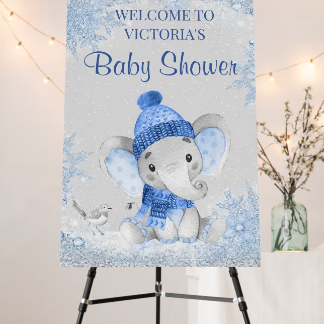 Boy Winter Elephant Baby Shower Welcome Sign (In Situ (Stand))
