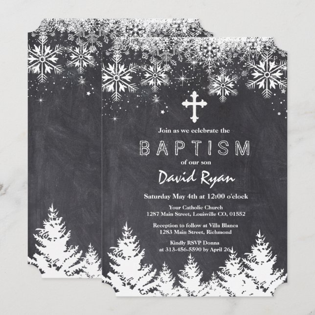 Boy Winter Holiday Snowflakes Chalkboard Baptism Invitation (Front/Back)