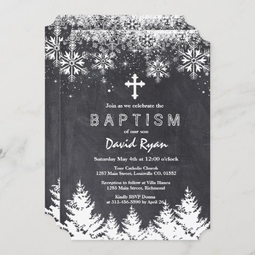 Boy Winter Holiday Snowflakes Chalkboard Baptism Invitation
