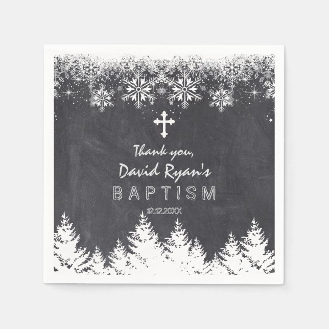Boy Winter Holiday Snowflakes Chalkboard Baptism Napkins (Front)