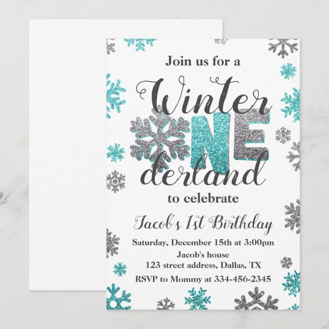Boy Winter ONEderland Birthday Invitation Glitter (Front/Back)