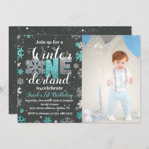 Boy Winter Onederland Birthday Invitation Photo