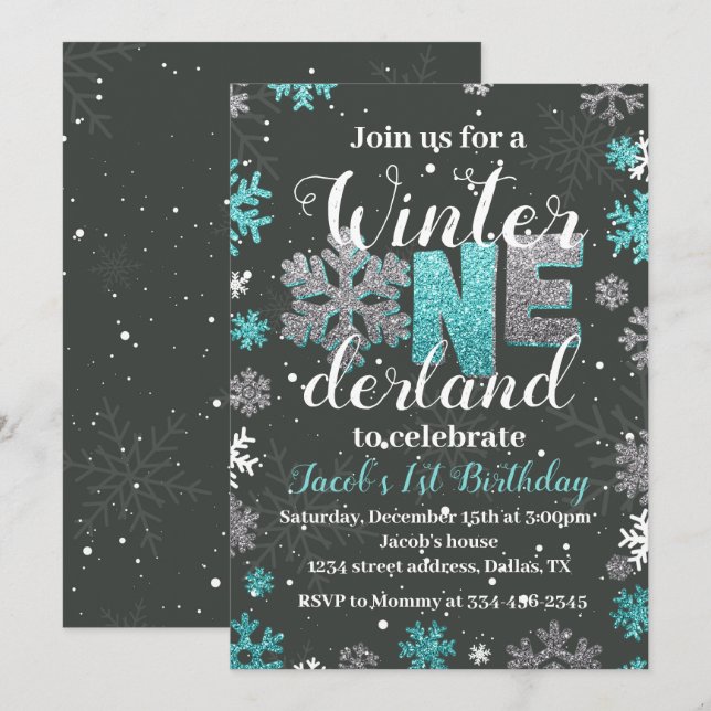 Boy Winter Onederland Birthday Invitation Silver (Front/Back)