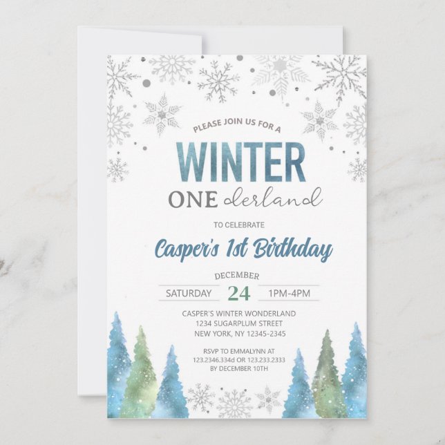 Boy Winter Onederland Snowflakes First Birthday Invitation (Front)