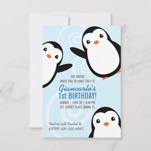 Boy Winter Penguin Birthday Party Evite Print Invitation