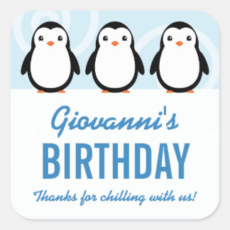 Boy Winter Penguin Birthday Party Favor Square Sticker