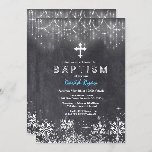 Boy Winter String Lights Snowflakes Chalk Baptism Invitation