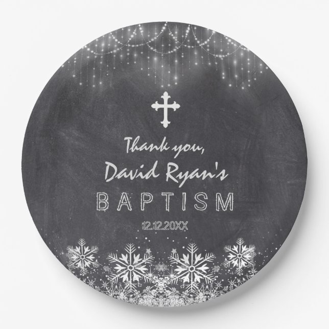 Boy Winter String Lights Snowflakes Chalk Baptism Paper Plates (Front)