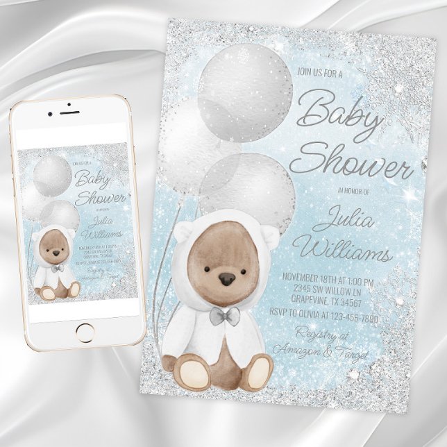 Boy Winter Wonderland Teddy Bear Baby Shower Invitation