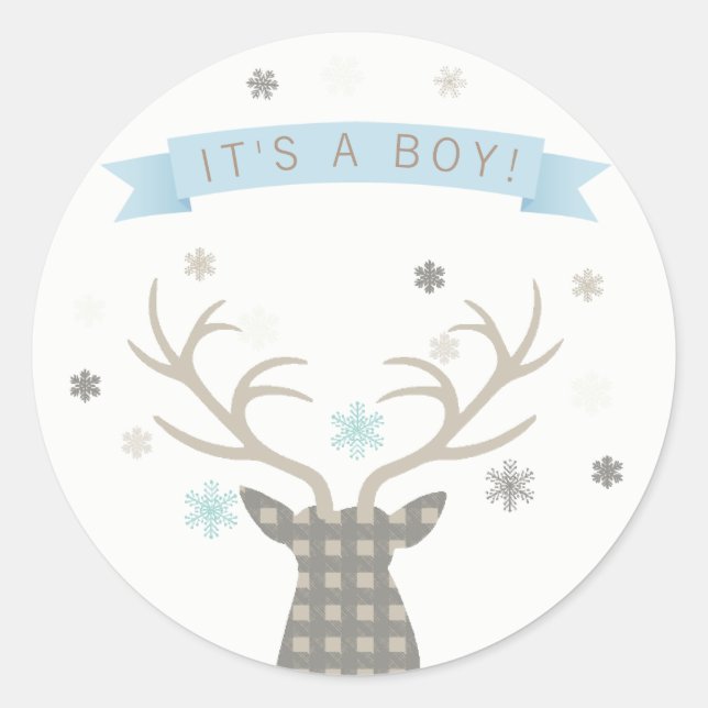 Boy Winter Wonderland Woodland Deer Baby Shower Classic Round Sticker (Front)