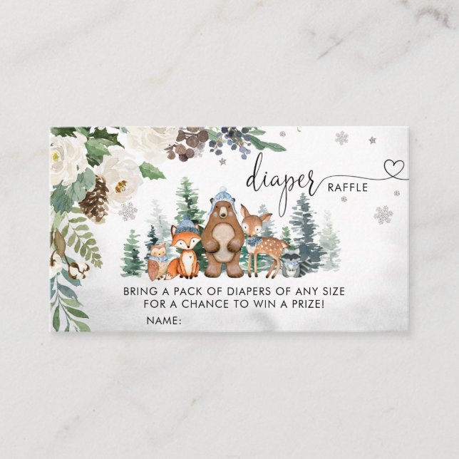 Boy Winter Woodland Baby Shower Diaper Raffle Business Card (Front)