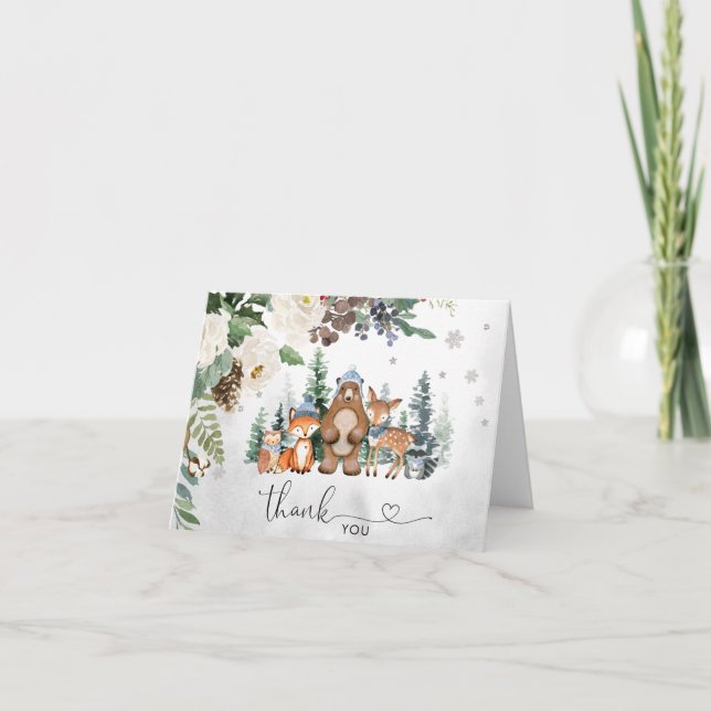 Boy Winter Woodland Baby Shower Thank You Card (Front)