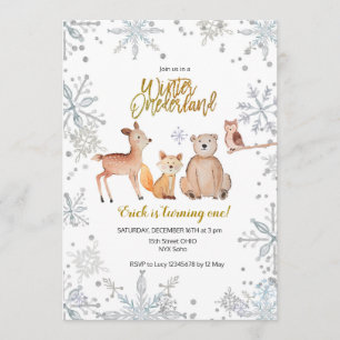 Boy Winter woodland girl 1st birthday watercolor Invitation