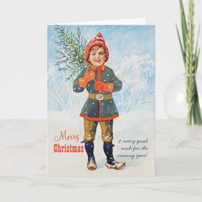 Boy with a Christmas tree Jenny Nyström CC0937 Holiday Card (Front)