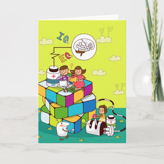 Boy with a girl sitting on a Rubik's cube puzzle Card (Front)