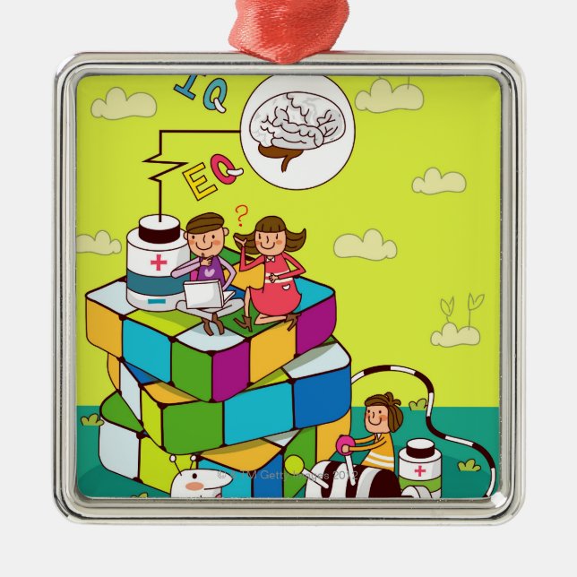 Boy with a girl sitting on a Rubik's cube puzzle Metal Ornament (Front)