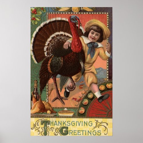 Boy with Arm around a Turkey Poster