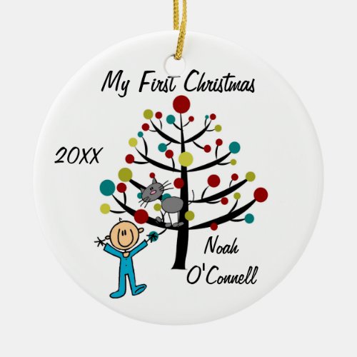 Boy with Cat First Christmas Customized Ornament