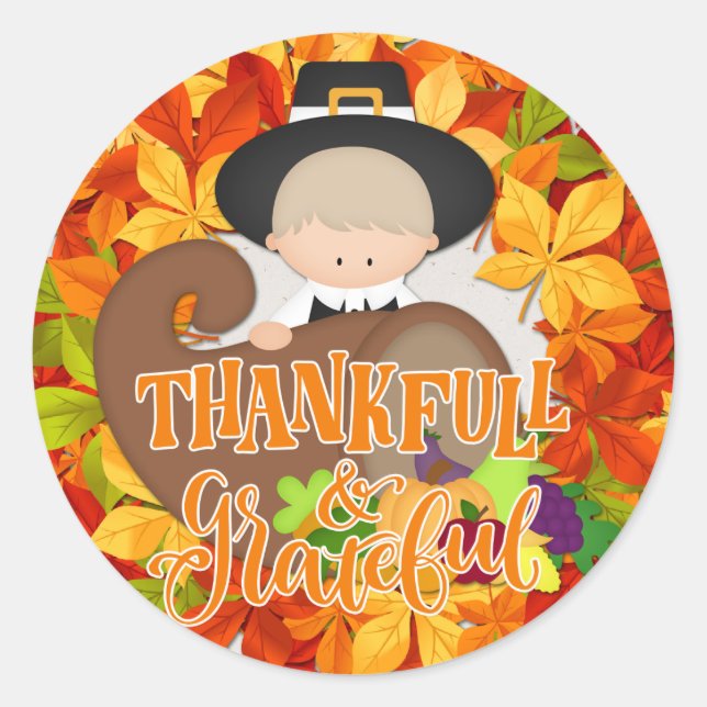 Boy with Cornucopia - Thankful & Grateful Classic Round Sticker (Front)