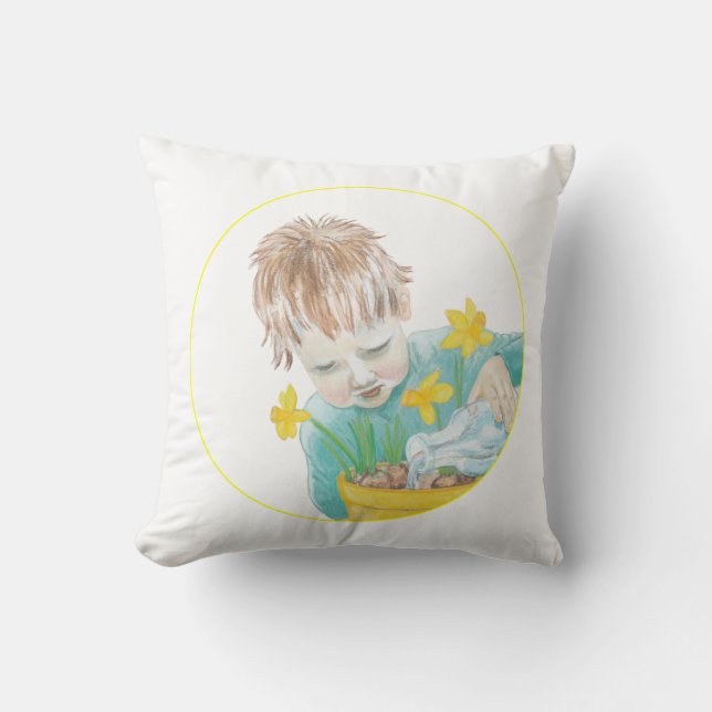 Boy With Daffodils   Throw Pillow (Front)