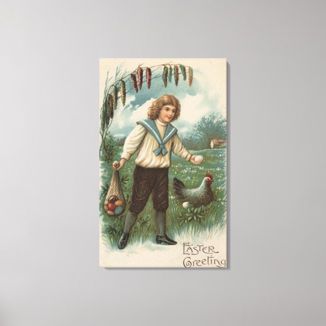 Boy with Easter Egg Basket Holding Egg Canvas Print (Front)