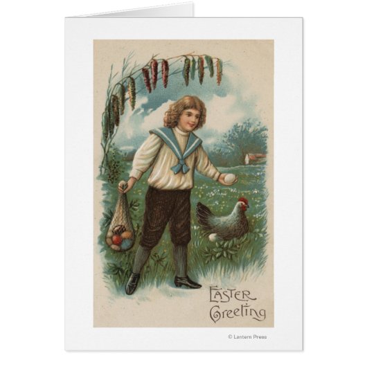 Boy with Easter Egg Basket Holding Egg Cards (Front)
