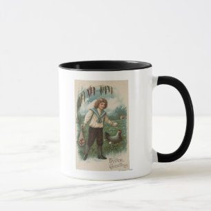 Boy with Easter Egg Basket Holding Egg Mug