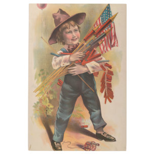 Boy with Fireworks, American Flag, Patriotic Print