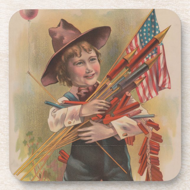 Boy with Fireworks, American Flag, Patriotic Print Beverage Coaster (Front)