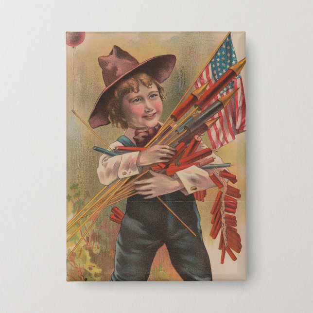 Boy with Fireworks, American Flag, Patriotic Print Button (Front)