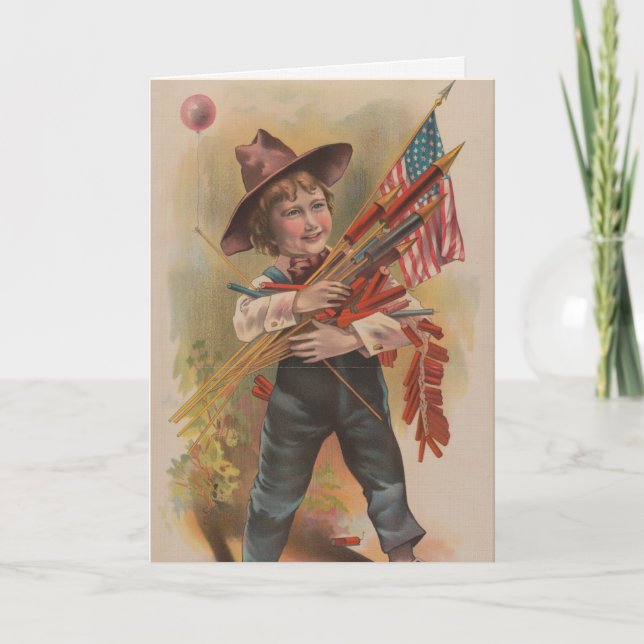 Boy with Fireworks, American Flag, Patriotic Print Card (Front)